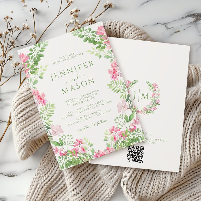 Convite Bohemian Pink Green Floral Invitation (Criador carregado)