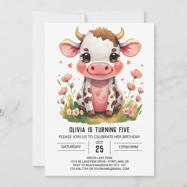Convite Bohemian Pink Modern Cow Birthday (Frente)