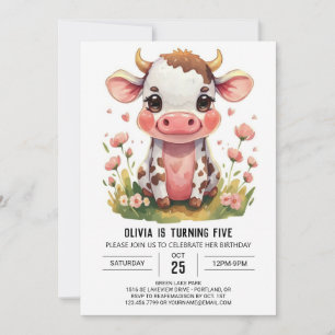 Convite Bohemian Pink Modern Cow Birthday