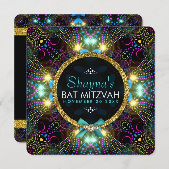 Convite Bohemian Princess Bonito Lights Bat Mitzvah (Frente/Verso)