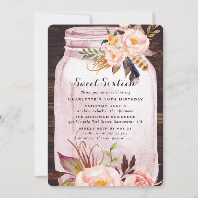 Convite Bohemian Rustic Mason Jar Pink Sweet 16 Aniversári (Frente)