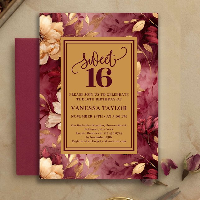 Convite Bohemian Sweet 16 Burgundy Blush Floral Invite (Bohemian Sweet 16 Burgundy Blush Floral Invite)