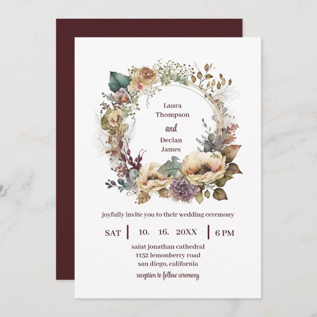 Convite Bohemian Watercolor Floral Boho Wreath Wedding (Frente/Verso)