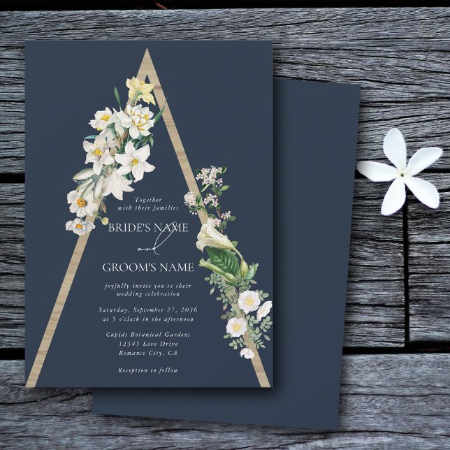 Convite Bohemian Wood Pyramid White Florals Blue Wedal (Bohemian Wood Pyramid White Florals Blue Wedding Invitation)