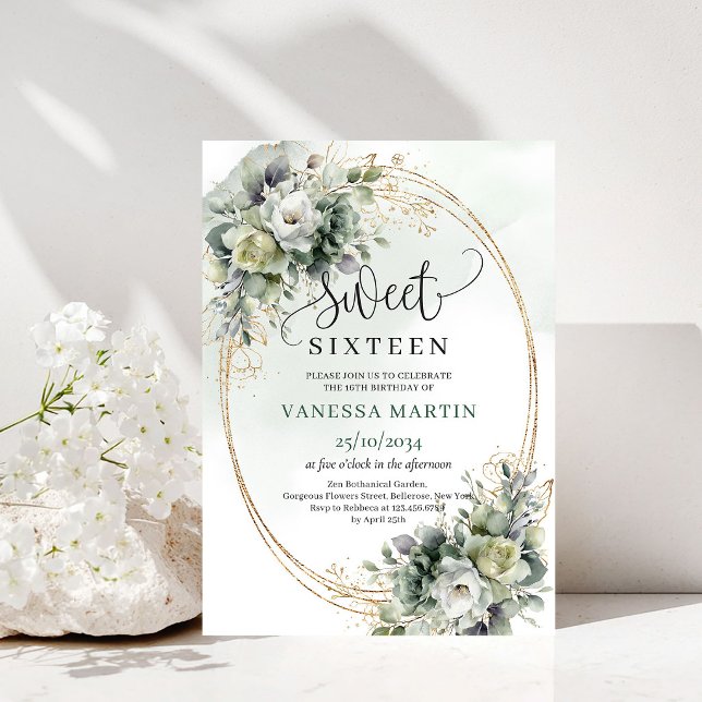 Convite Bohemio Sweet 16 Verde Salvia Eucalipto (Bohemian Sweet 16 Sage Green Eucalyptus Invitation)