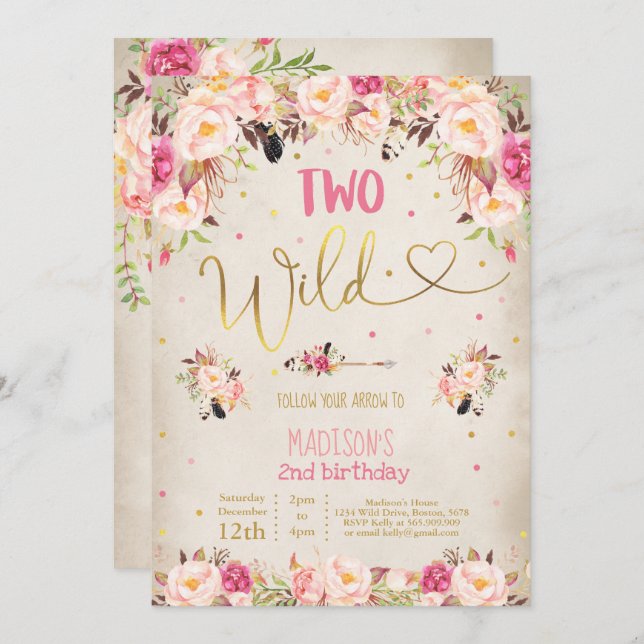 Convite Boho 2 Wilthday Invitation Watercolor Boho (Frente/Verso)
