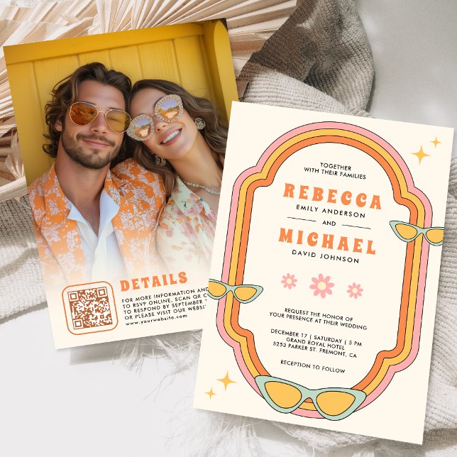 Convite Boho 70s. Casamento de Moldura Colorida Retroativa (Criador carregado)