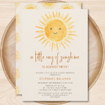 Convite Boho A Little Ray of Sunshine Chá de fraldas<br><div class="desc">Você está planejando um chá de fraldas temático? Este convite para chá de fraldas de sol boho apresenta o texto "Um pequeno raio de sol está quase aqui!" com uma aquarela fofinha sorrindo de sol amarelo num fundo de creme suave. As costas estão decoradas com um padrão solar. Perfeito para...</div>