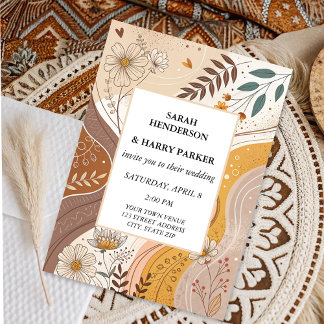 Convite Boho Abstrato Beige Floral Wedding