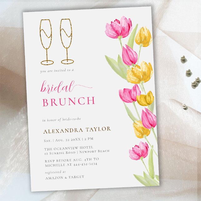 Convite Boho Amarelo Tulipas Douradas Flutes Bridal Brunch (Criador carregado)