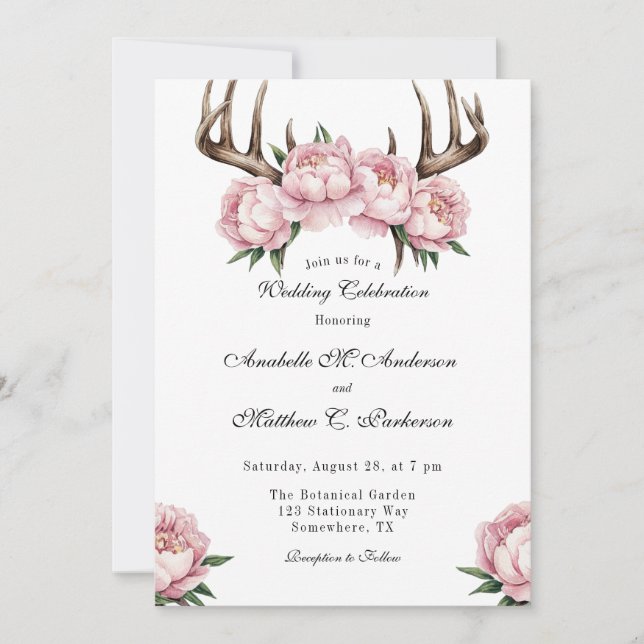 Convite Boho Antler com Celebração de Casamento de Peões R (Frente)