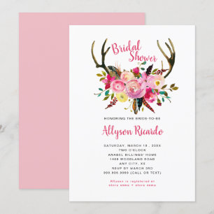 Convite Boho Antlers Rosa Mistura Chá de panela Floral
