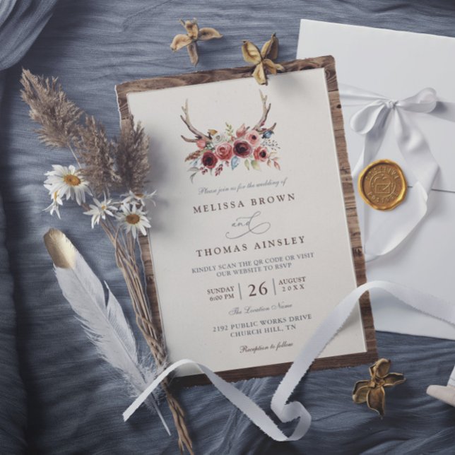 Convite Boho Antlers Terracotta Floral QR Code Wedding (Criador carregado)