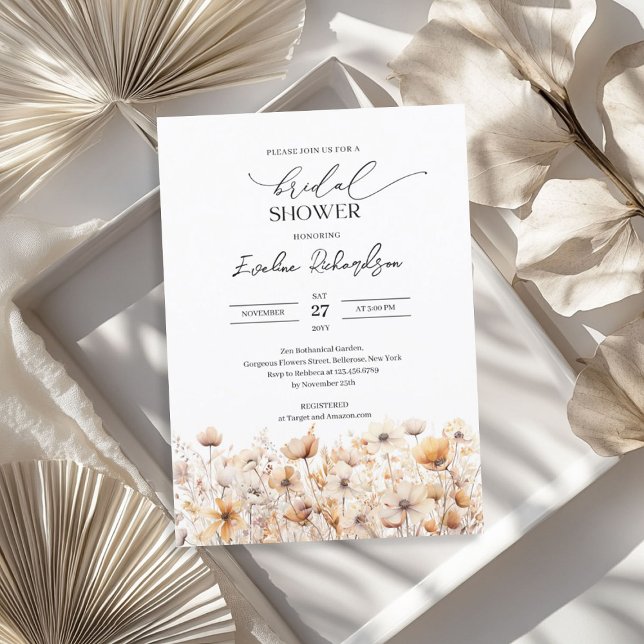 Convite Boho aquarela cores neutras flores silvestres brid (Boho watercolor neutral colors wildflowers bridal invitation)