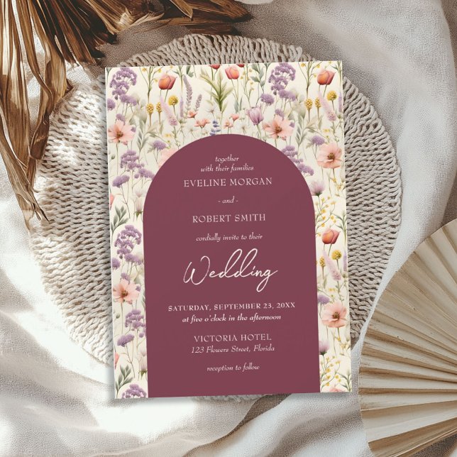 Convite Boho aquarela maroon ivory flores selvagens roxas (Boho watercolor maroon ivory purple wild flowers invitation)