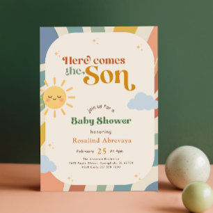 Convite Boho Aqui Vem o Filho Chuveiro de Bebê Retro Sunsh