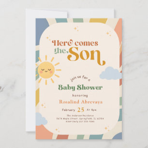 Convite Boho Aqui Vem o Filho Chuveiro de Bebê Retro Sunsh