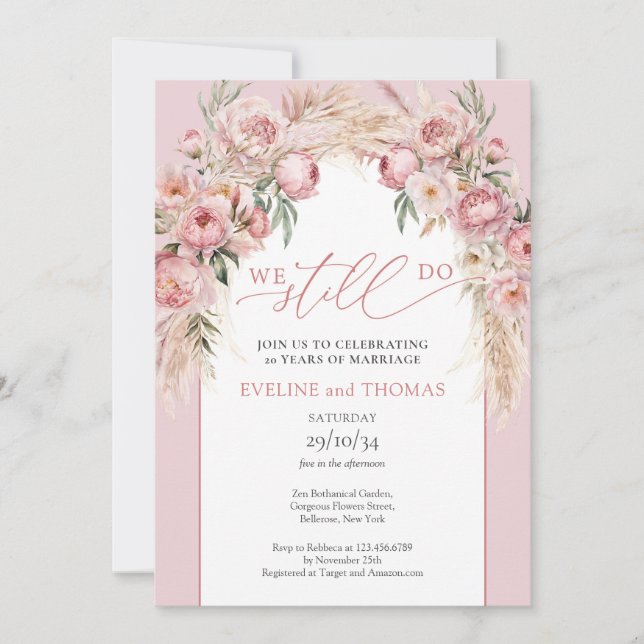 Convite Boho arch borche peonias pampas erva nós ainda faz (Frente)