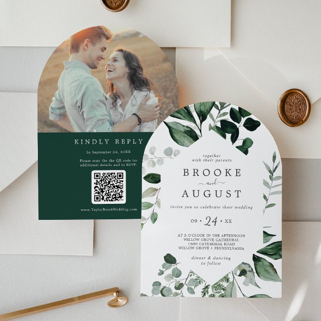 Convite Boho Arch Casado de Foto do Código QR do Emerald G (Emerald Greenery Photo QR Code Boho Arch Wedding Invitation)