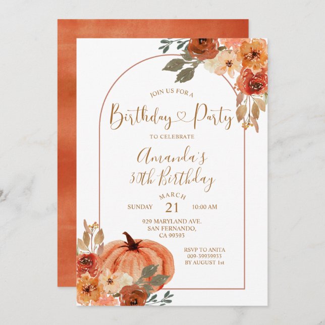 Convite Boho Arch Fall Pumpkin Birthday 30 Party (Frente/Verso)