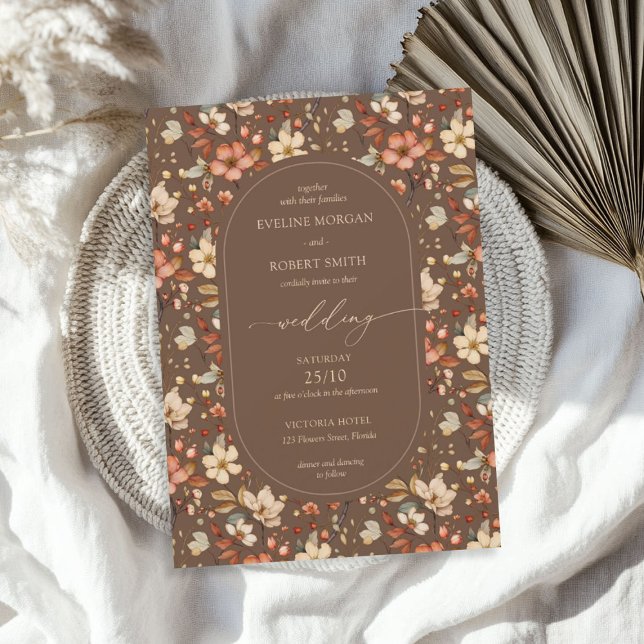 Convite Boho Arch Fall terracotta ruivos silvestres (Boho Arch Fall terracotta brown rusty wildflowers Invitation)