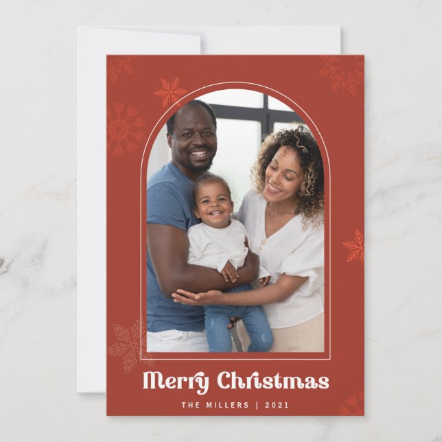 Convite Boho Arch Flocos de neve ferozes Foto Feliz Natal (Frente)