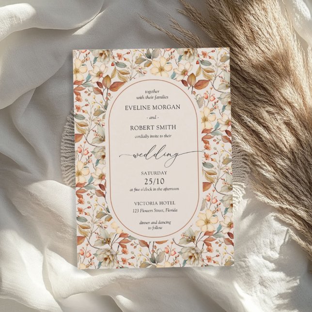 Convite Boho Arch Terracotta Ivory Rust Fall Selvagens (Boho Arch Terracotta Ivory Rust Fall Wildflowers Invitation)