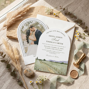 Convite Boho Arco de Montanha Aquarela Foto Casamento Mini