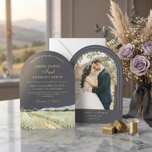 Convite Boho Arco de Montanha Aquarela Foto Casamento Mini