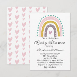 Convite Boho Arco-íris Corações Rosa Roxo Bebê Menina