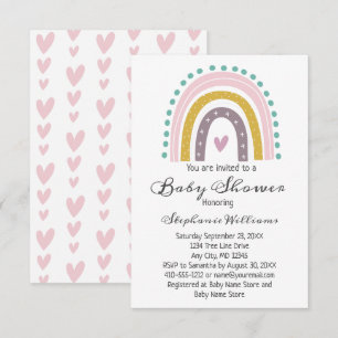 Convite Boho Arco-íris Corações Rosa Roxo Bebê Menina