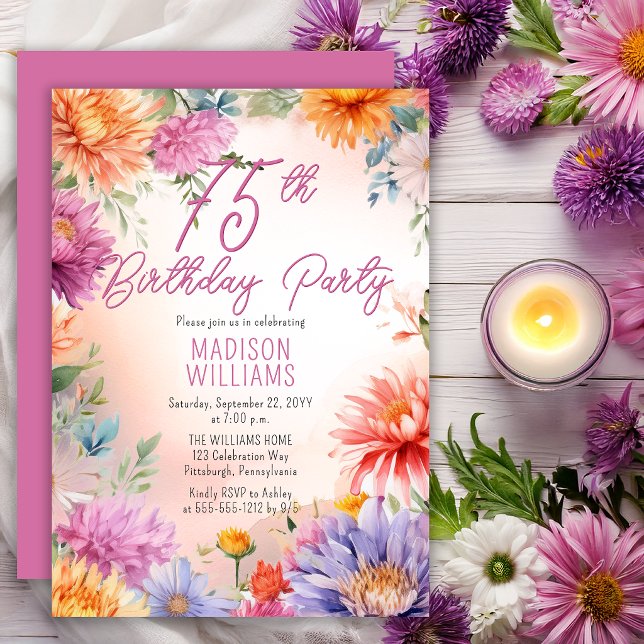 Convite Boho Aster Flowers Floral 75th Birthday Party (Elegant Boho Aster Flowers Floral 75th Birthday Party Invitation - Print | Digital Download)