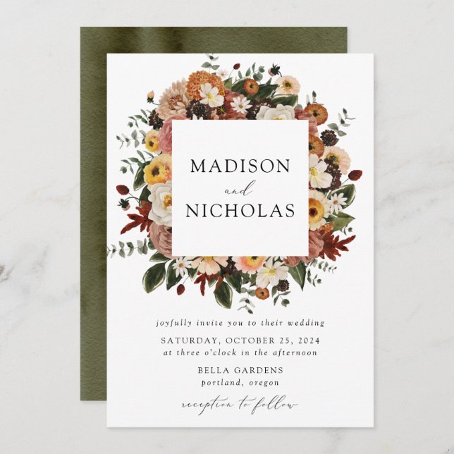 Convite Boho Autumn Floral Frame Wedding (Frente/Verso)