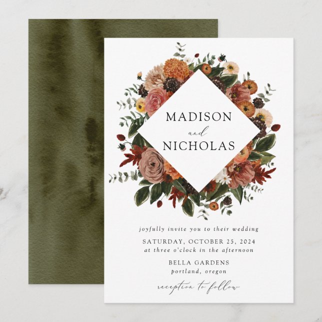 Convite Boho Autumn Floral Frame Wedding (Frente/Verso)