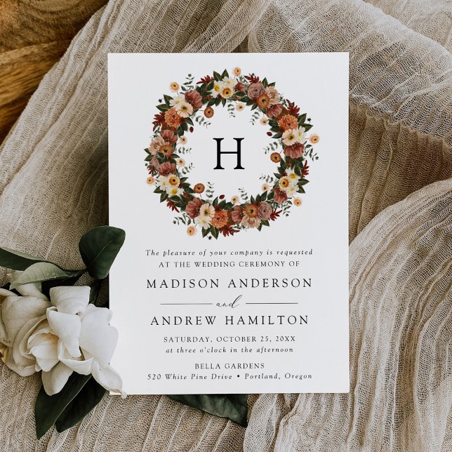 Convite Boho Autumn Floral Monograma Wedding (Criador carregado)