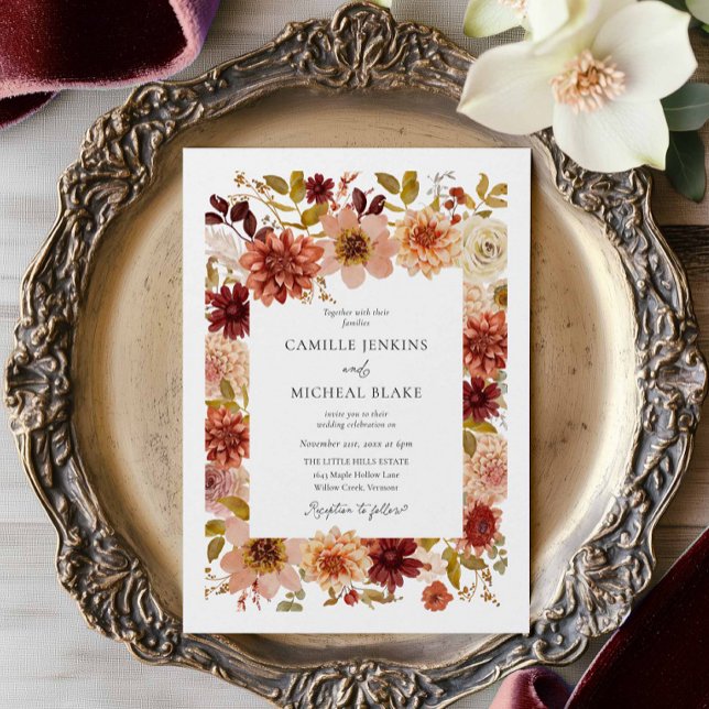 Convite Boho Autumn Floral QR Code Wedding Invitation (Autumn Botanical QR Code Wedding Invitation)