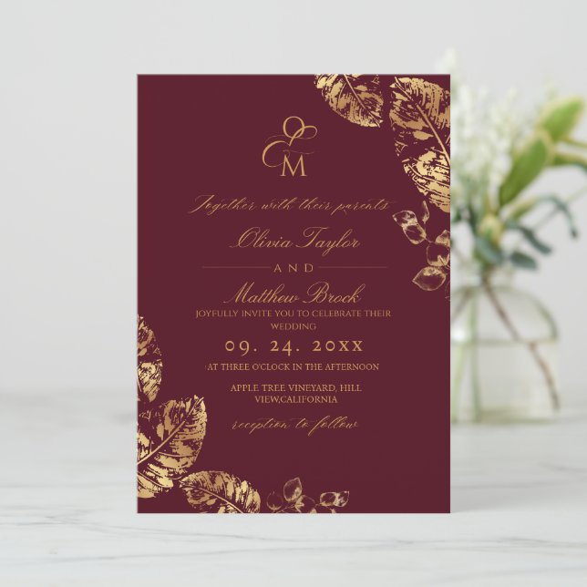 Convite Boho Autumn | Rustic Burgundy e Dourado Casamento (Em pé/Frente)
