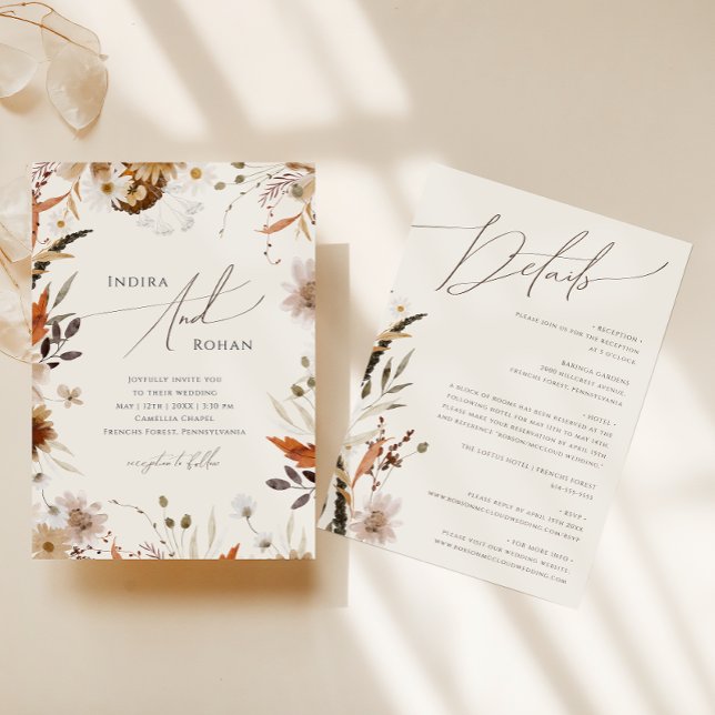 Convite Boho Autumn Wildflower | Beige All In One Wedding (Criador carregado)