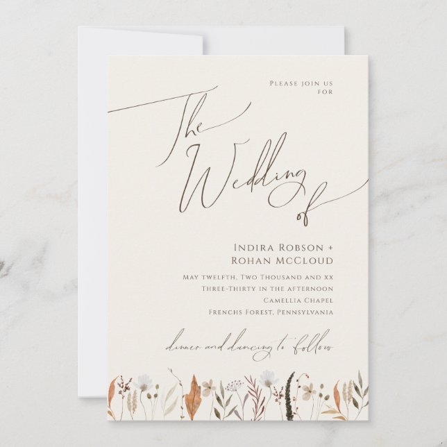 Convite Boho Autumn Wildflower | Beige Casamento De (Frente)