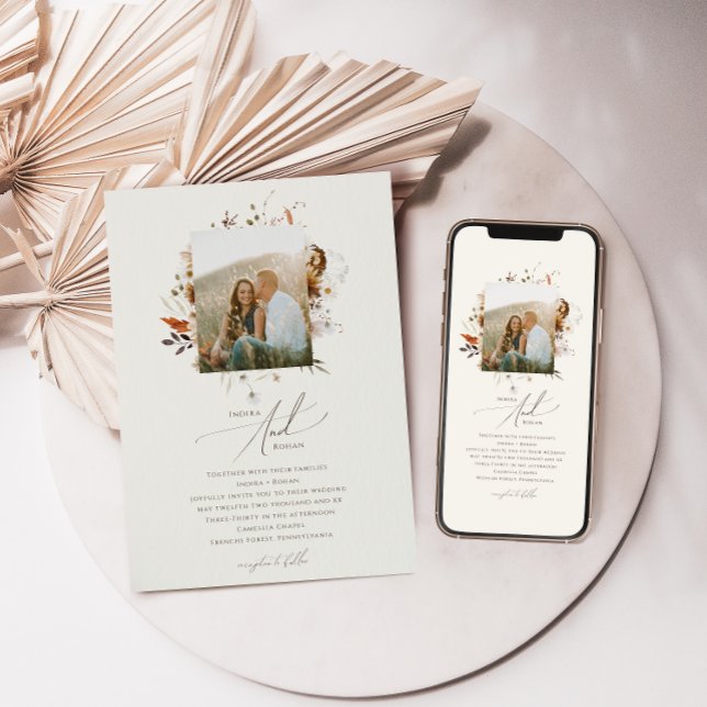 Convite Boho Autumn Wildflower | Casamento com Foto em beg (Criador carregado)