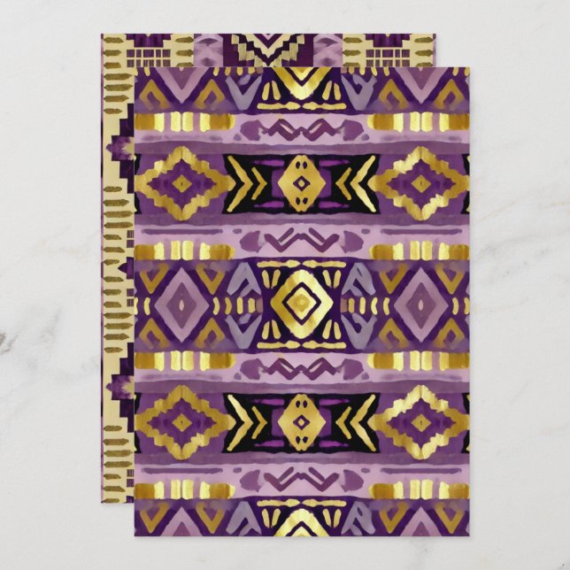 Convite Boho Aztec Geo Padrões Roxo e Dourado Imprimíveis (Frente/Verso)