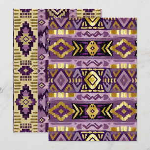 Convite Boho Aztec Geo Padrões Roxo e Dourado Imprimíveis
