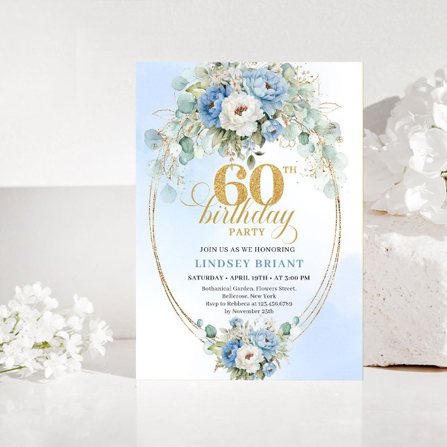 Convite Boho azul e dourado peônia floral chique 60º anive (Blue and gold peony floral chic 60th birthday invitation

)
