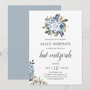 Convite Boho Azul Empoeirado Bege Flores Bat Mitzvah