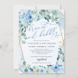 Convite Boho Azul Floral Dourado Geométrico Brunch e Espum