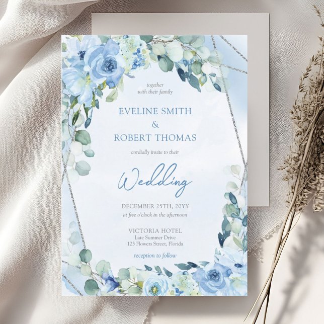 Convite Boho azul floral eucalipto e casamento prateado (Boho light blue flowers mixed fresh eucalyptus and silver glitter frame wedding invitation)