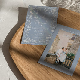 Convite Boho Azure Blue Floral Botanical Photo Fun Wedding