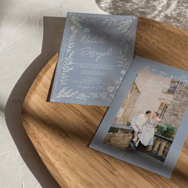 Convite Boho Azure Blue Floral Botanical Photo Fun Wedding (Criador carregado)