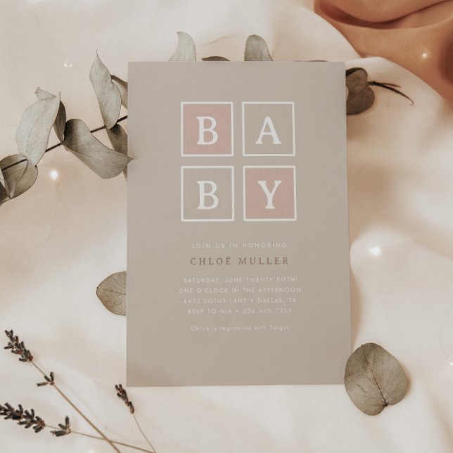 Convite Boho Baby Blocks Dusty Pink Modern Baby Shower | (Criador carregado)