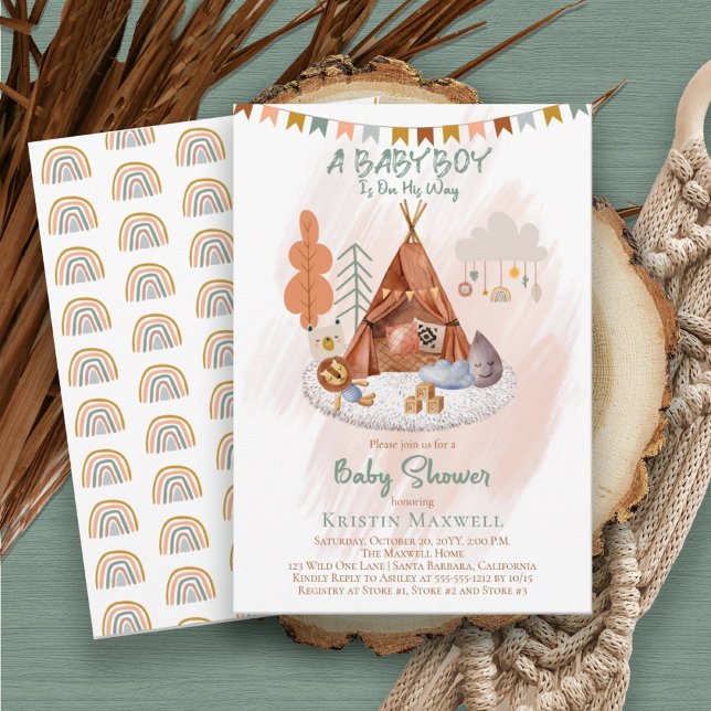 Convite Boho Baby Boy Teepee and Toys Baby Sprinkle (Criador carregado)